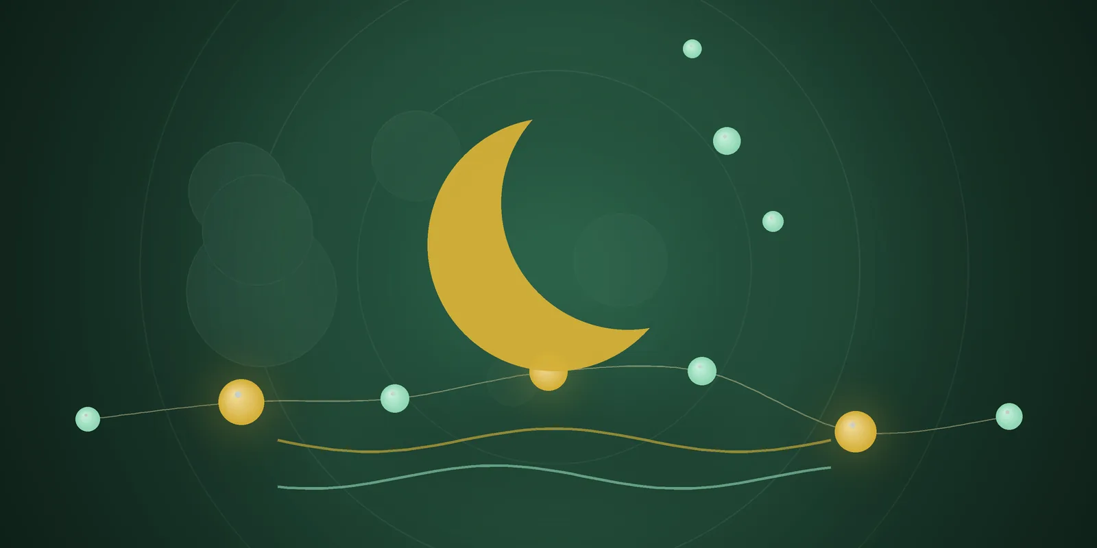 Illustrated cover: a gold crescent moon with mint stars over calm waves on a deep green background