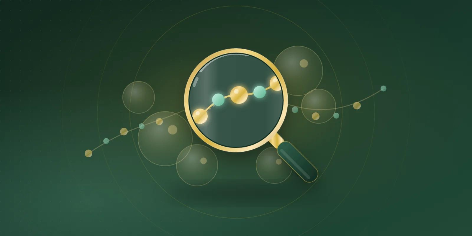 A gold magnifying glass isolating a short segment of a gold and mint bead chain, with translucent fat-cell circles behind it on a deep green background