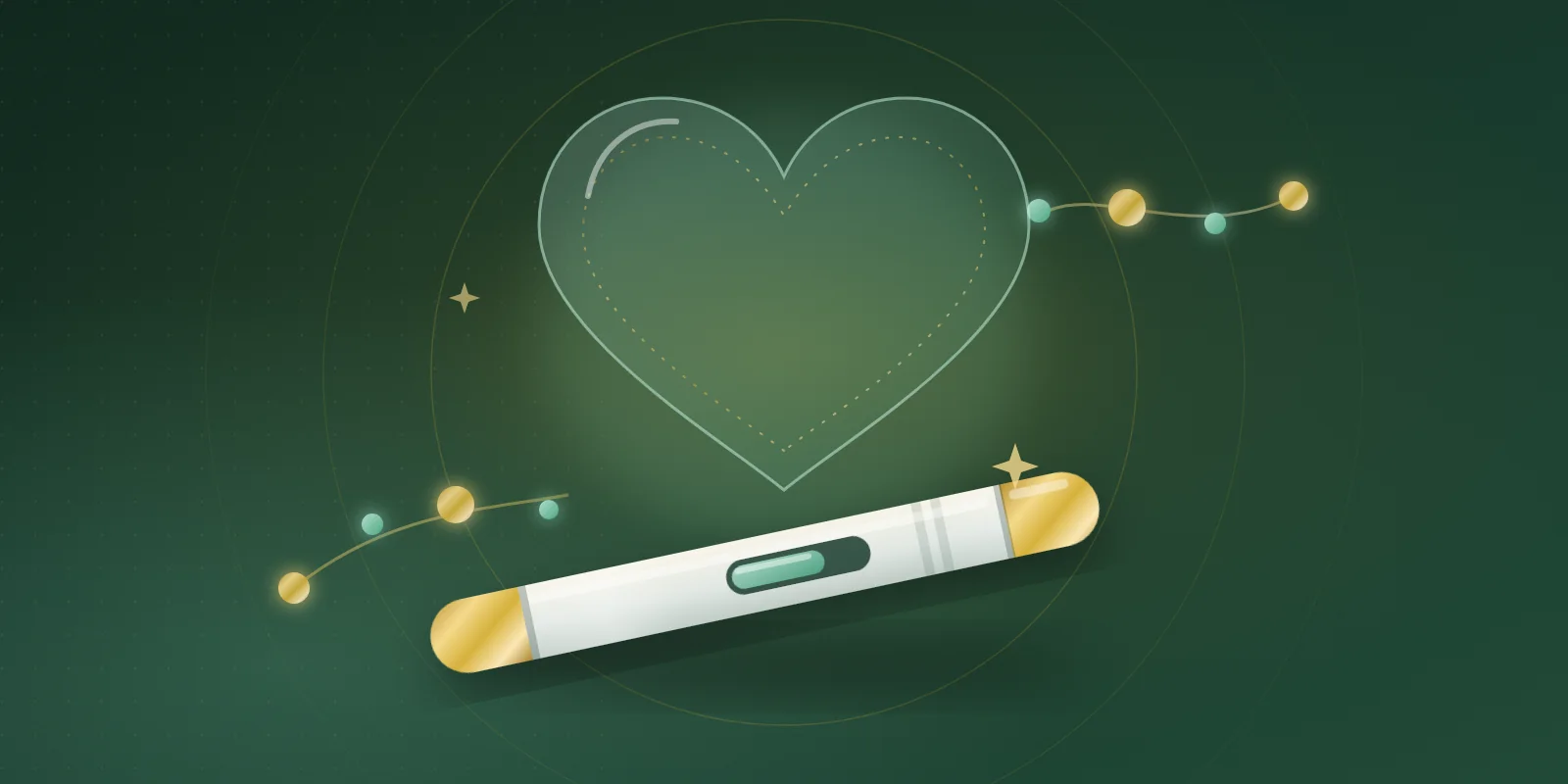 A glass autoinjector pen with a gold cap lying beside a soft mint heart outline on a deep green background, with a gold and mint amino-acid bead chain arcing behind