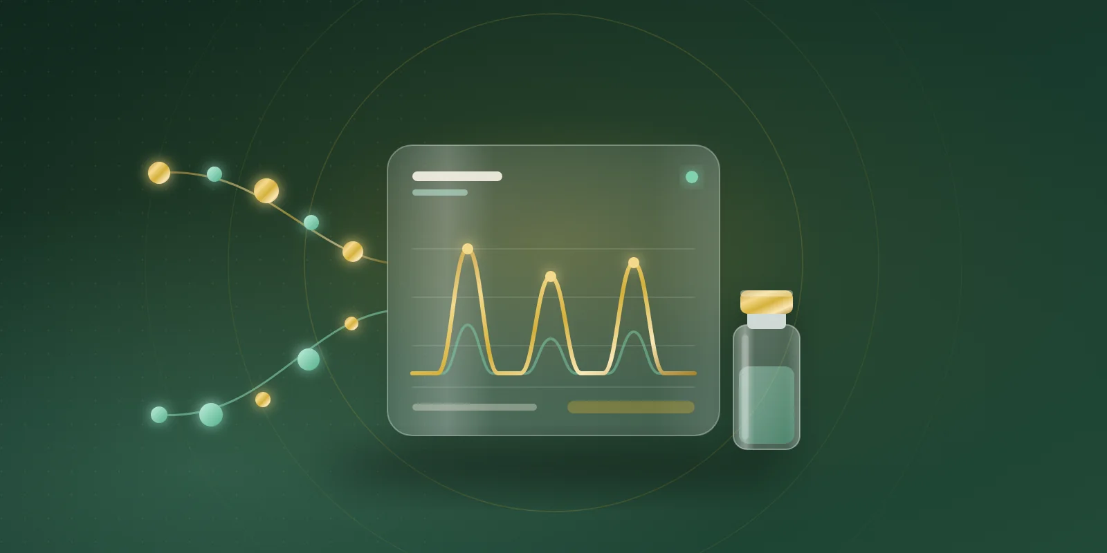 Gold and mint amino-acid bead chains converging on a frosted glass monitor card showing tall gold hormone pulse peaks over smaller mint ones, beside a small glass vial