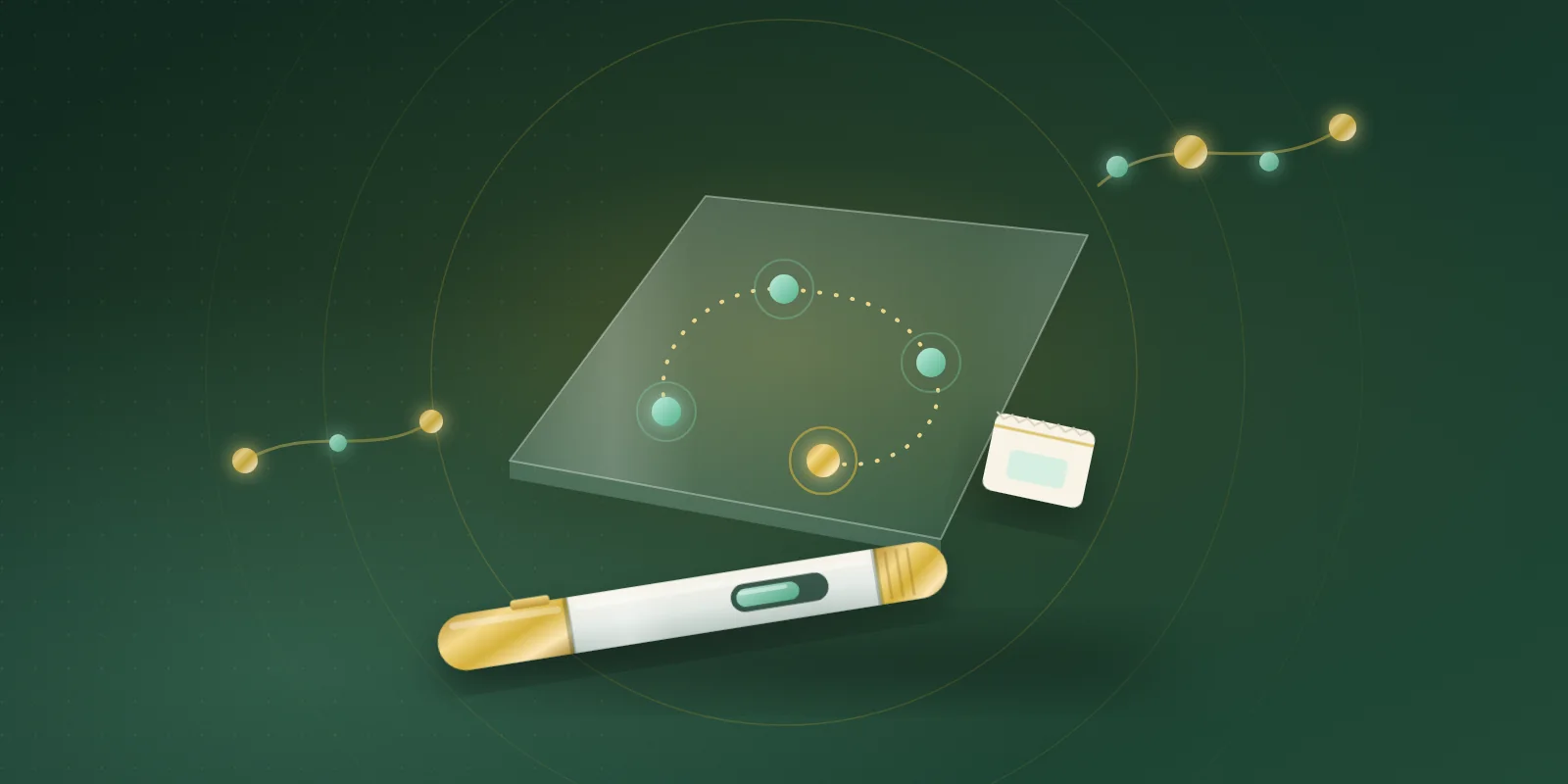 A capped cream and gold injector pen lying in front of a frosted glass tile marked with four mint rotation points joined by a gold dotted path, with a folded alcohol pad and amino-acid bead chain nearby
