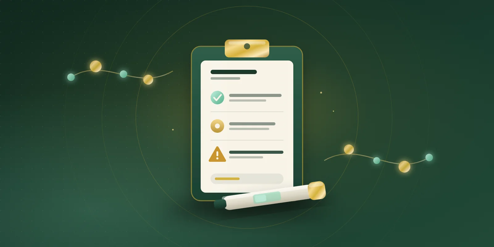 Cream clipboard checklist with a mint check mark, a gold dot and an amber alert triangle, with a white and gold pen injector resting at its base