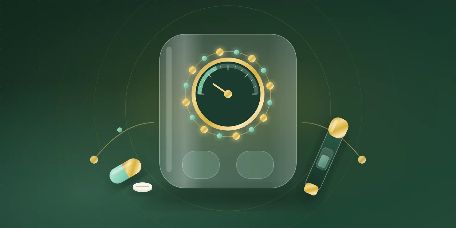 A glass bathroom scale seen from above with a gold dial ringed by gold and mint amino-acid beads, flanked by a capsule and tablet on one side and a capped pen injector on the other