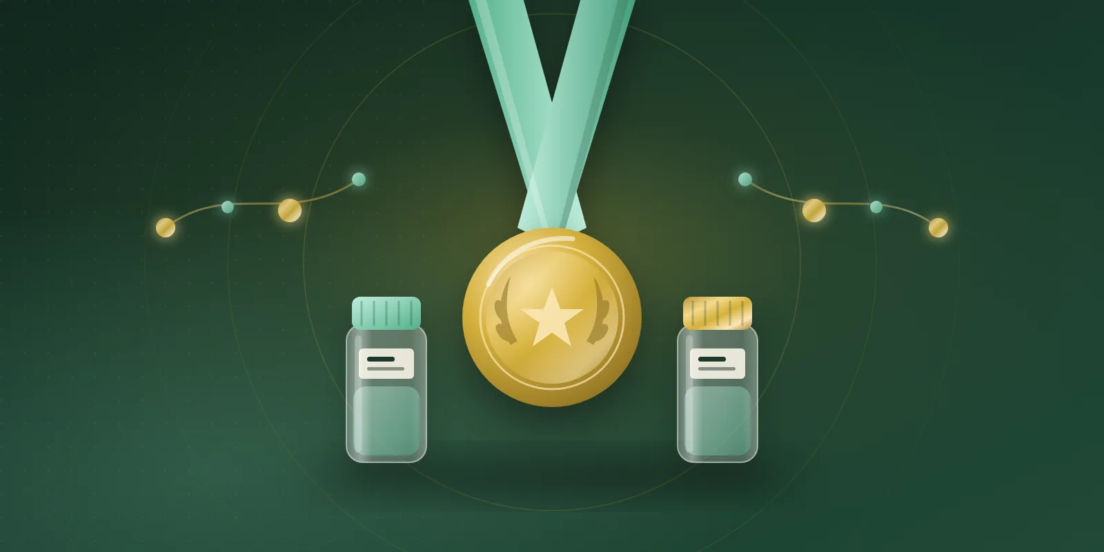 A gold medal with a star and laurel on a mint ribbon, flanked by two sealed glass sample bottles with mint and gold caps, with gold and mint amino-acid bead chains on a deep green background