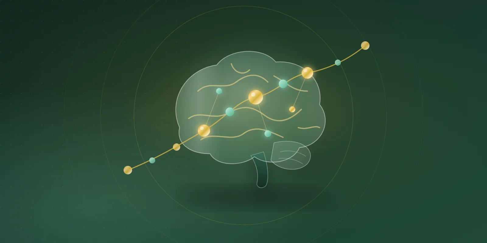 A translucent glass brain in side view with gold folds, crossed by a glowing pathway of gold and mint beads on a deep green background