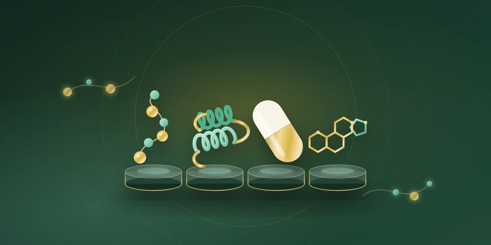 Four glass pedestals in a row holding a gold and mint bead chain, a coiled protein helix, a cream and gold capsule, and a gold four-ring steroid skeleton on a deep green background