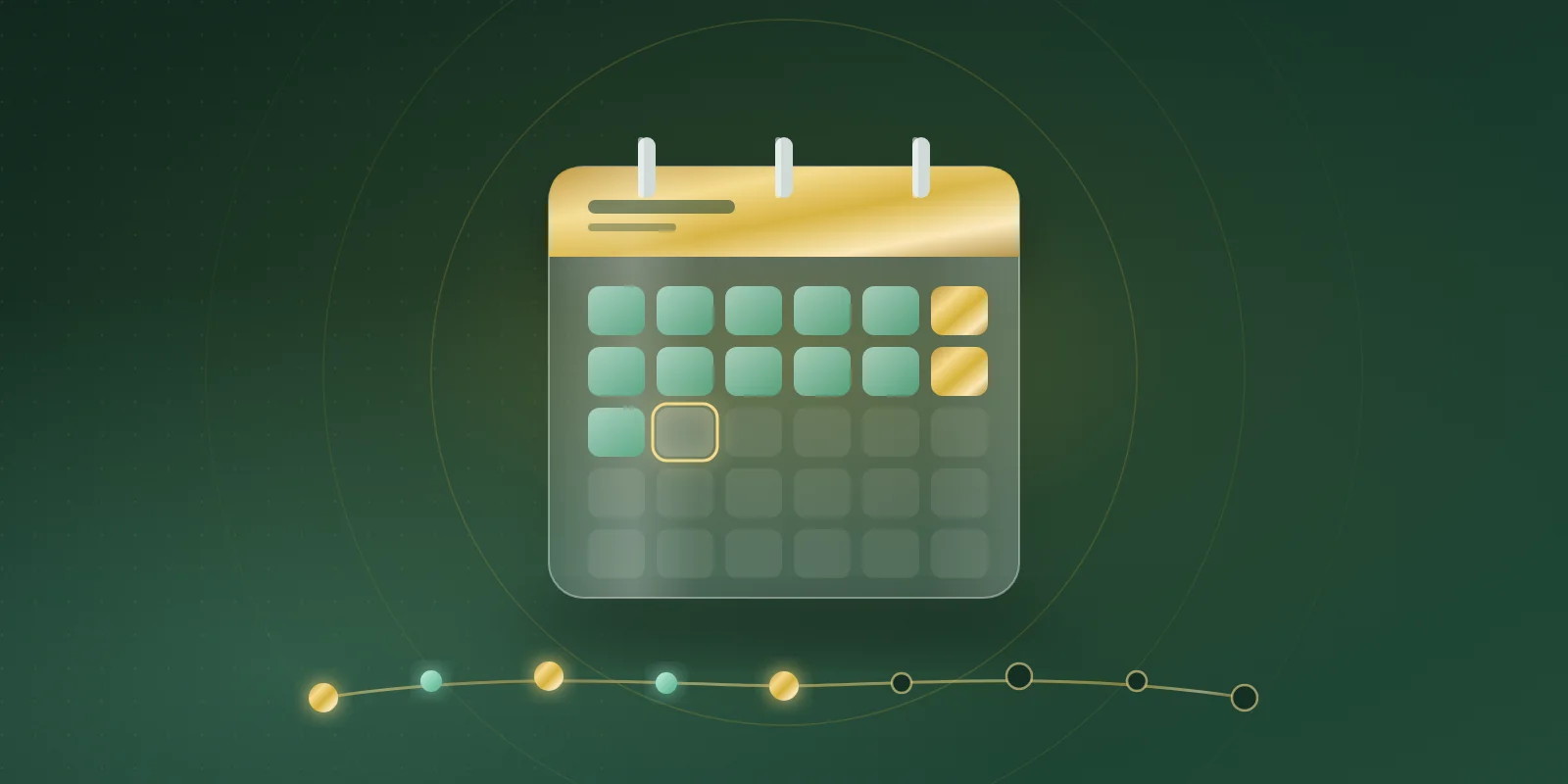 A glass calendar with a gold header and mint and gold filled days, above a gold timeline of beads where the later milestones are still hollow