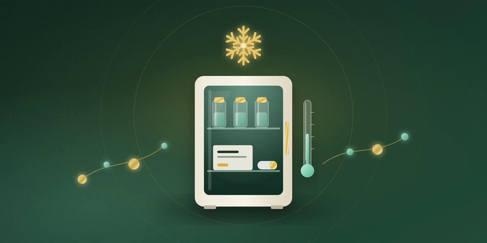 A small cream and glass medication refrigerator holding gold-capped vials on a shelf, with a glowing gold snowflake above it, a slim thermometer at its side and an amino-acid bead chain arcing past