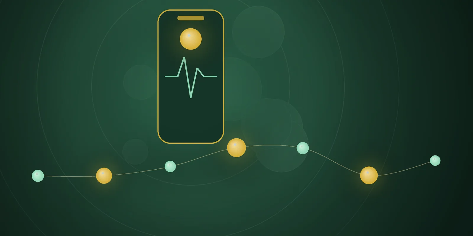 Illustrated cover: a phone showing a pulse line with a gold bead on a deep green background