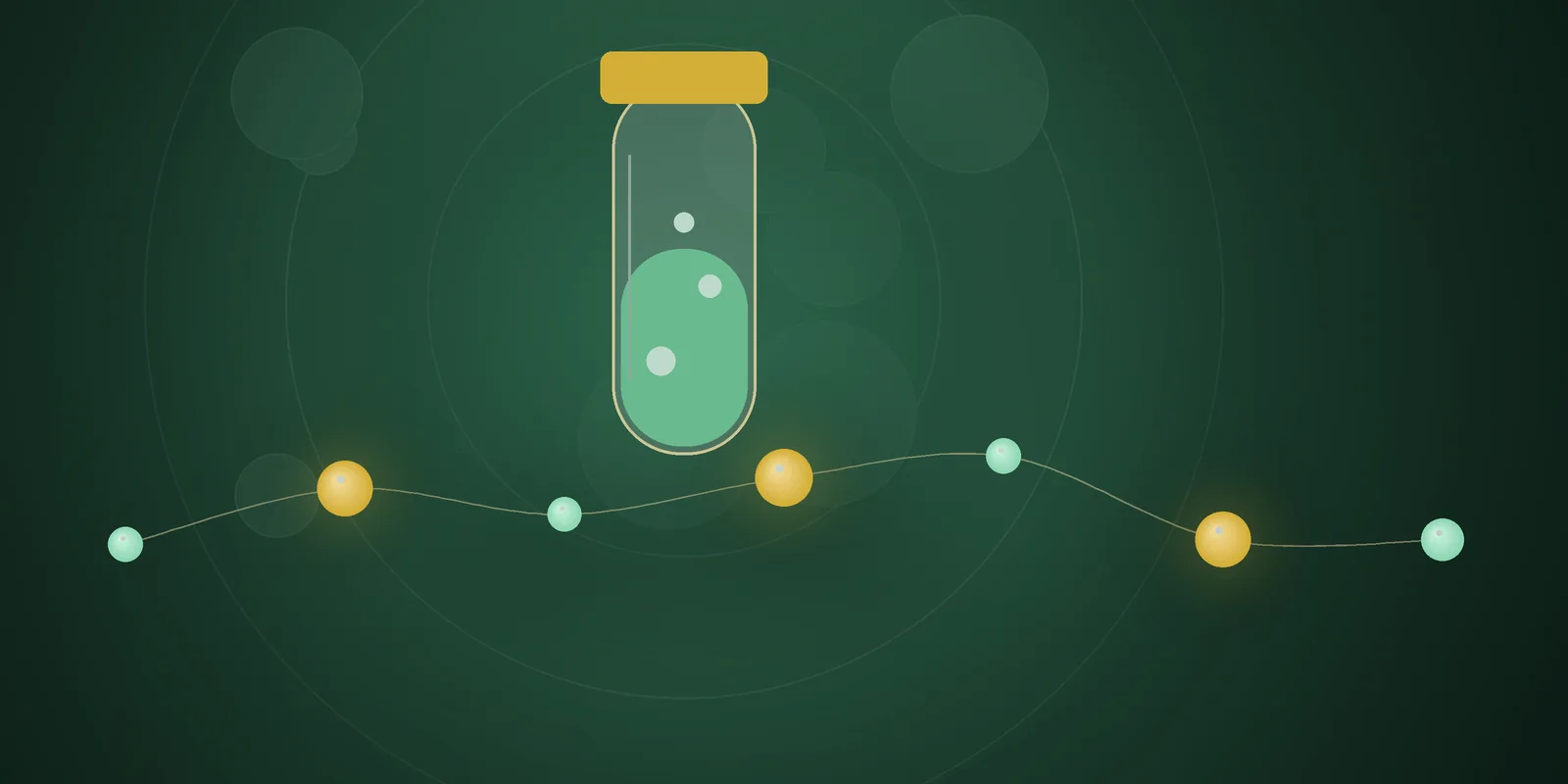 Illustrated cover: a lab vial with mint liquid and a gold cap on a deep green background