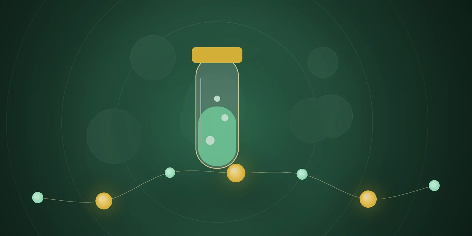 Illustrated cover: a lab vial with mint liquid and a gold cap on a deep green background